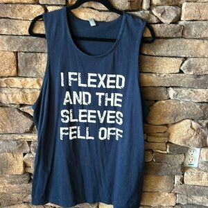 Men’s navy blue tank top “I flexed and the sleeves fell off” size x-large XL
